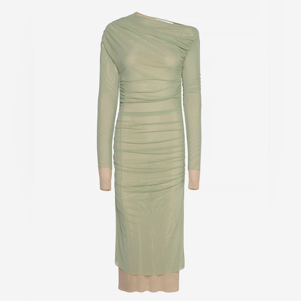 Day Birger Et Mikkelsen Sheer Green Midi Dress Ruched Mesh One Shoulder Size L